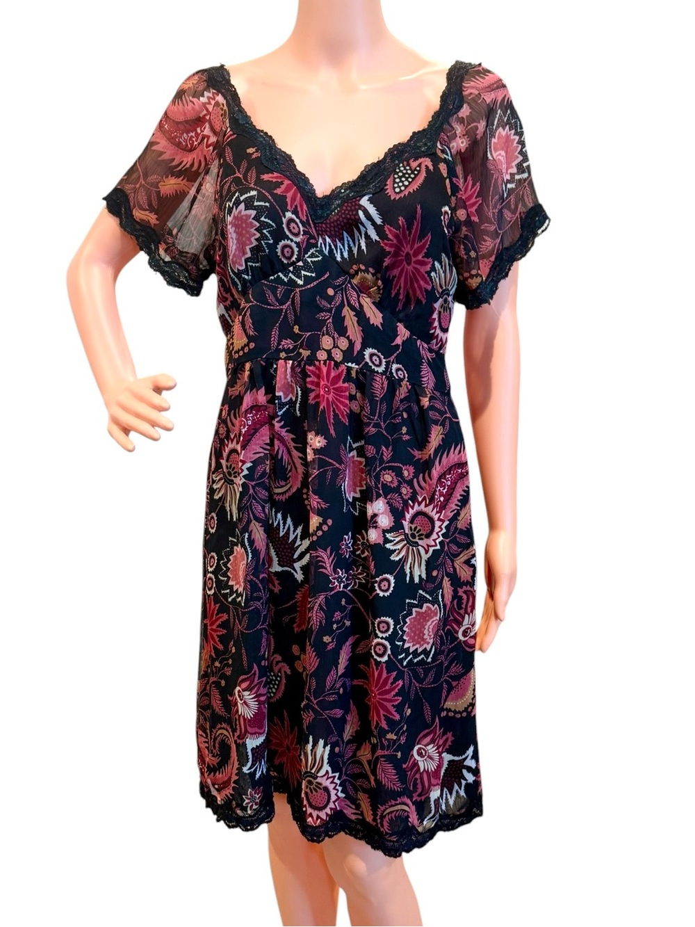 Romy Black Floral Sheer Lace Chemise Dress Pink Purple Romantic Boho Medium 8 10